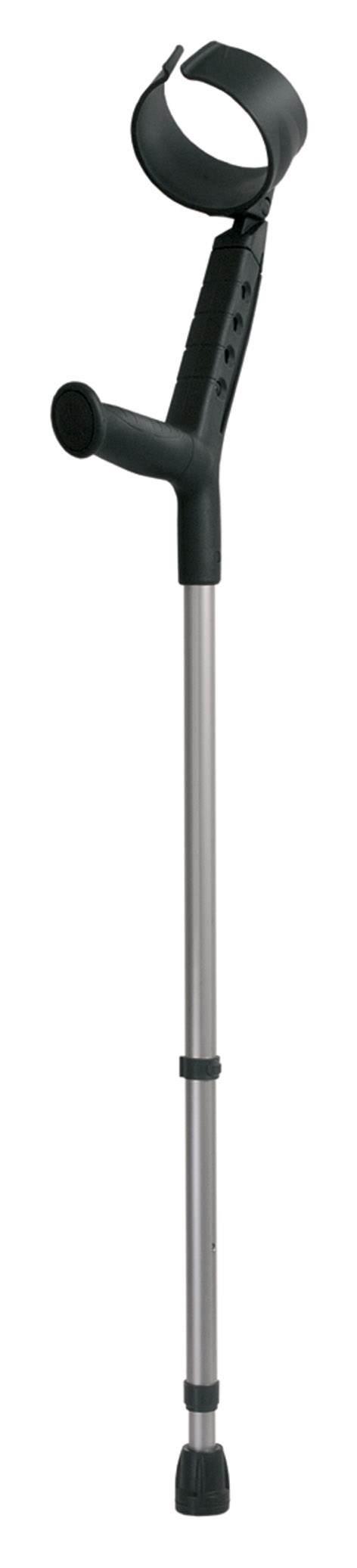 a metal walking stick with a black handle