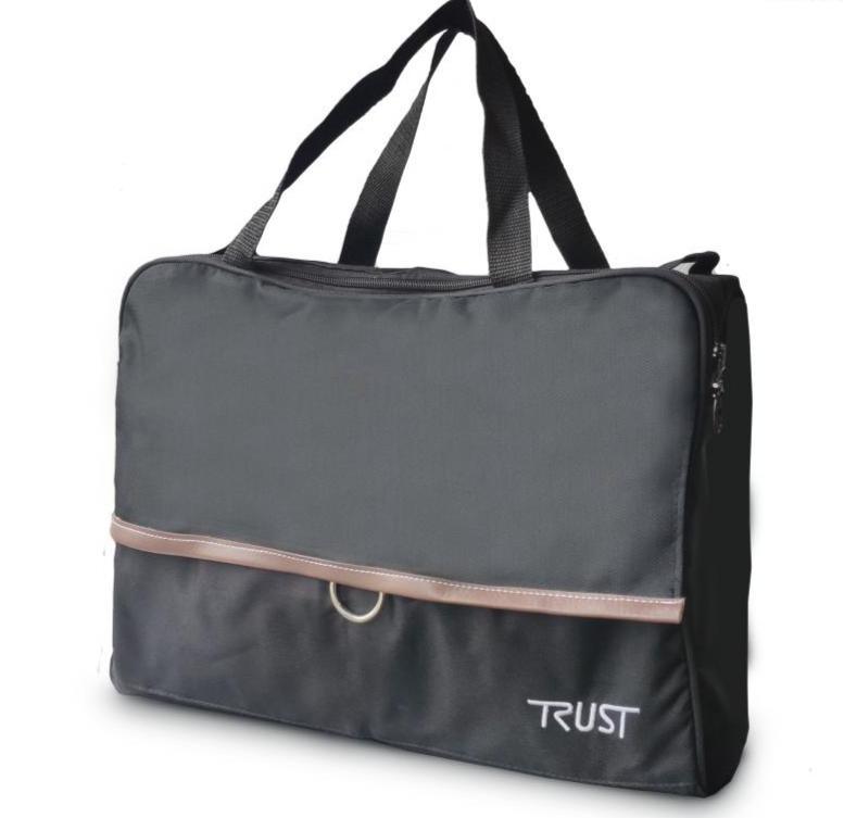 a black bag with a white trust logo on it