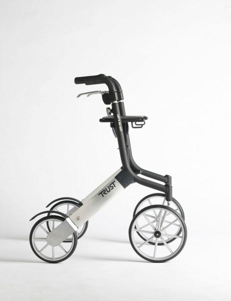 a white and black tricycle on a white background